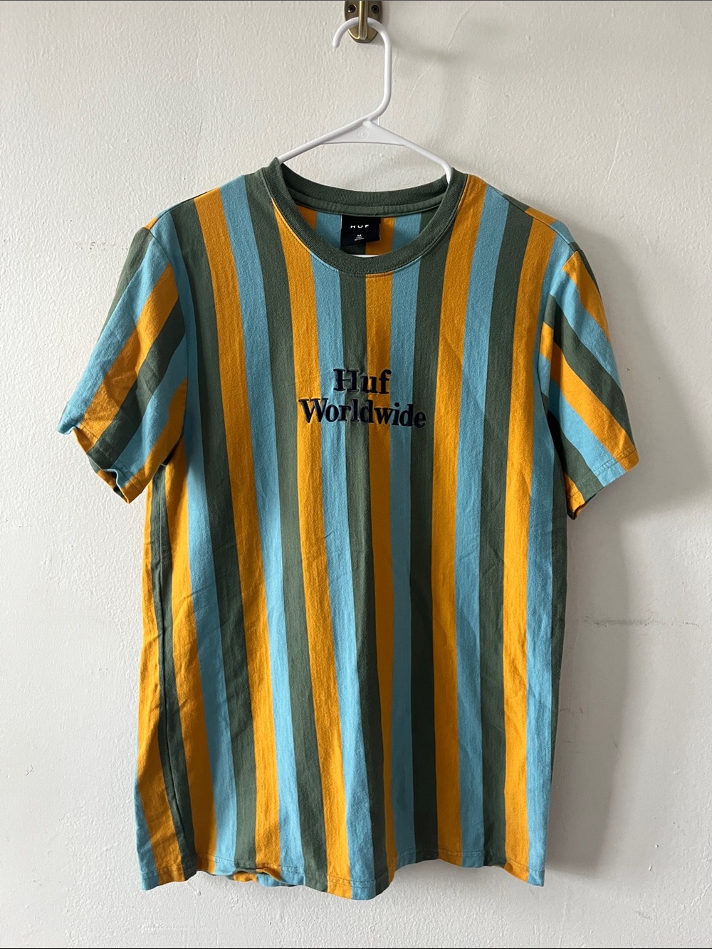 HUF Striped Crew Tee — Blue, Yellow, Green